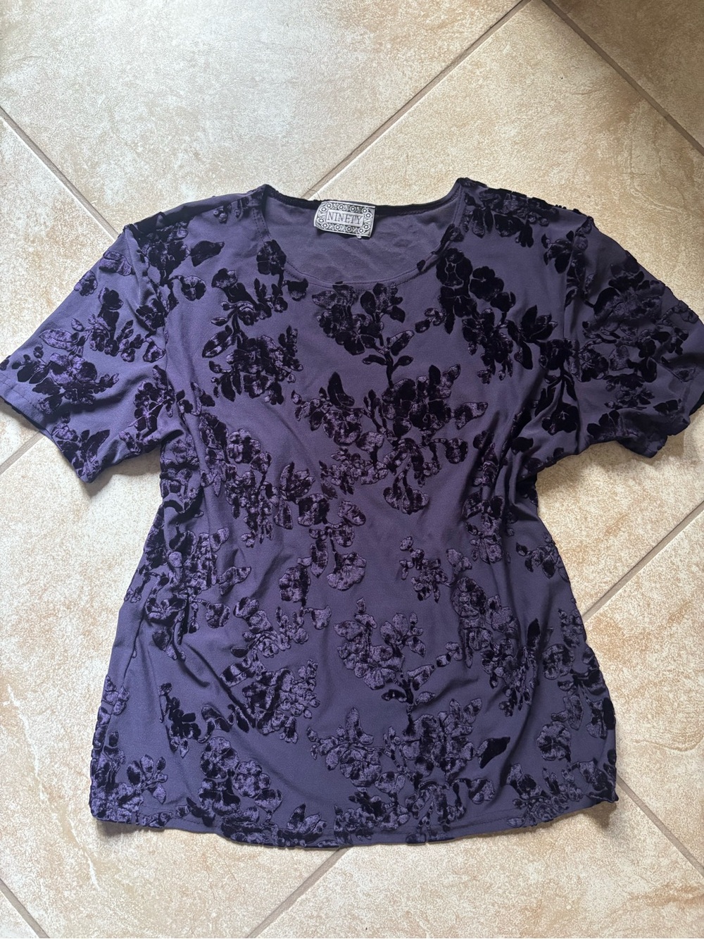 Ninety Purple Floral Velvet Burnout Short Sleeve Tee